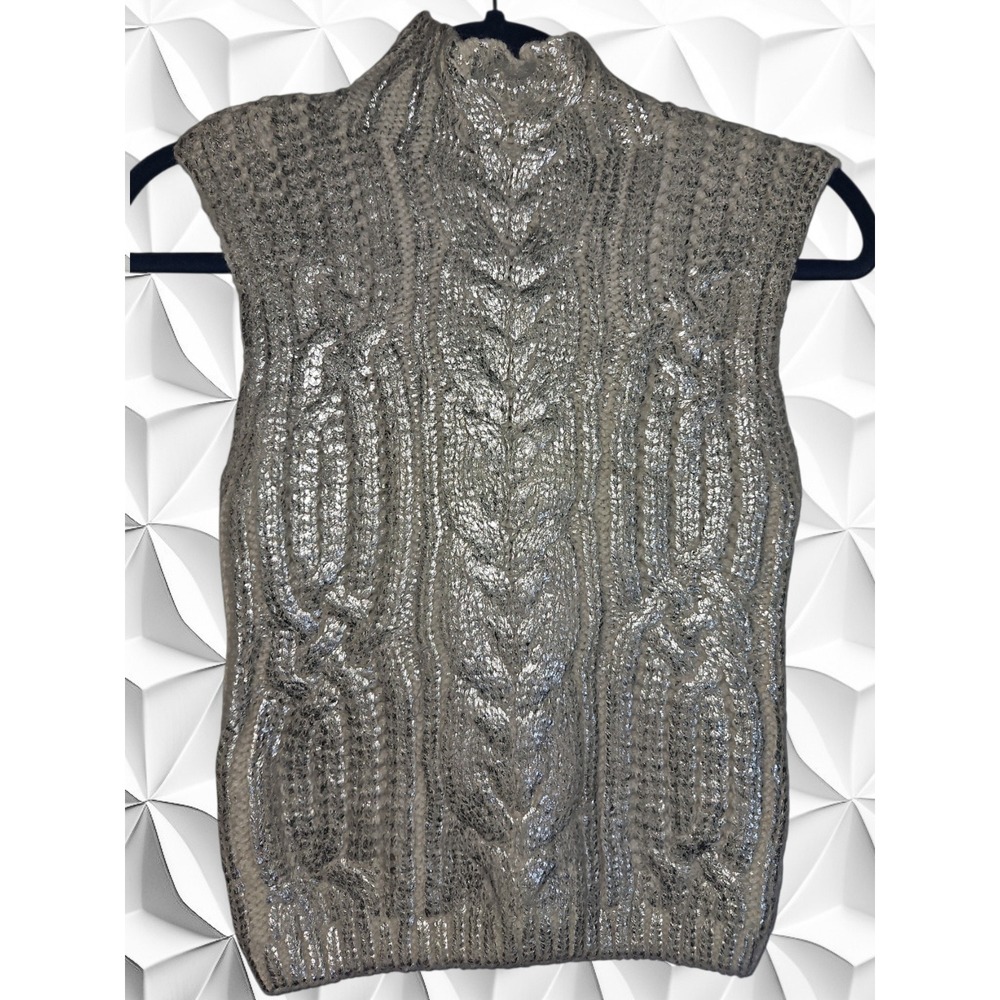 Edit Jason Wu Silver Metallic Cable Knit Mock Neck Sweater Vest XS TP Sleeveless